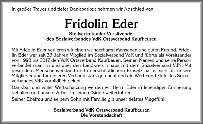 Traueranzeige von Fridolin Eder von Allgäuer Zeitung, Kaufbeuren/Buchloe