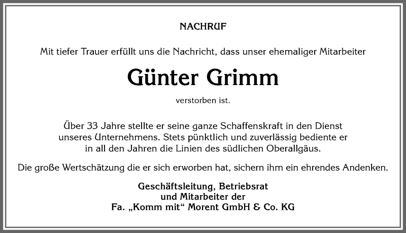 Traueranzeige von Günter Grimm von Allgäuer Anzeigeblatt