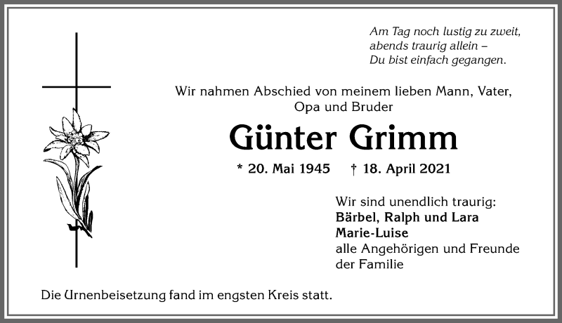 Traueranzeige von Günter Grimm von Allgäuer Anzeigeblatt