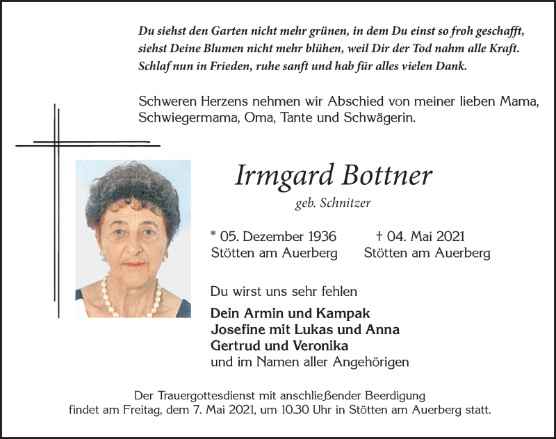 Traueranzeige von Irmgard Bottner von Allgäuer Zeitung, Marktoberdorf