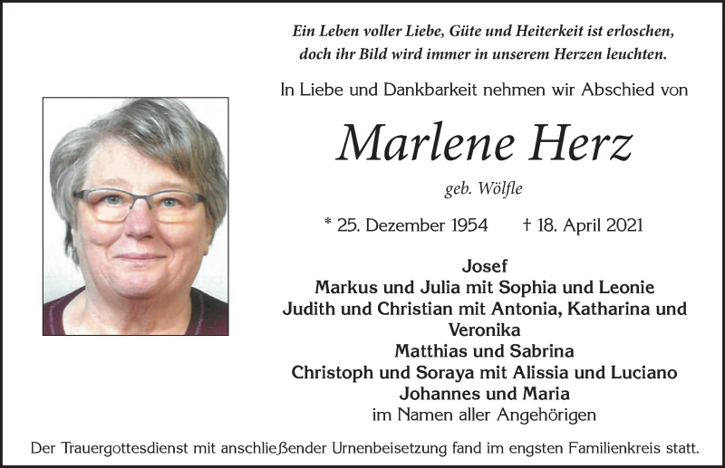 Traueranzeige von Marlene Herz von Allgäuer Zeitung, Marktoberdorf