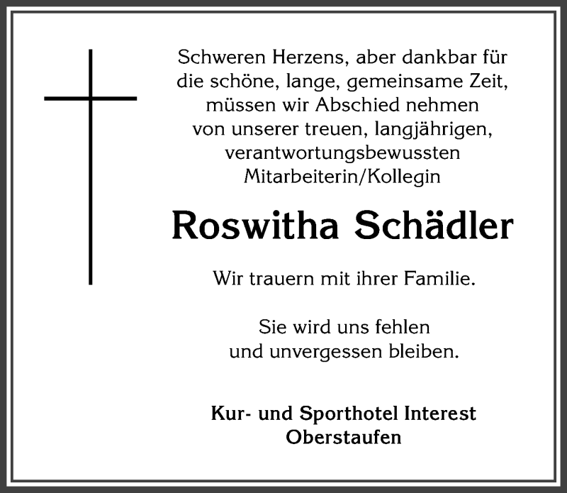 Traueranzeige von Roswitha Schädler von Allgäuer Anzeigeblatt