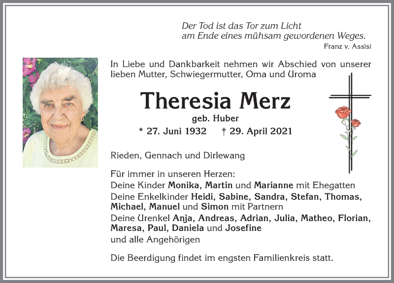 Traueranzeige von Theresia Merz von Allgäuer Zeitung, Kaufbeuren/Buchloe