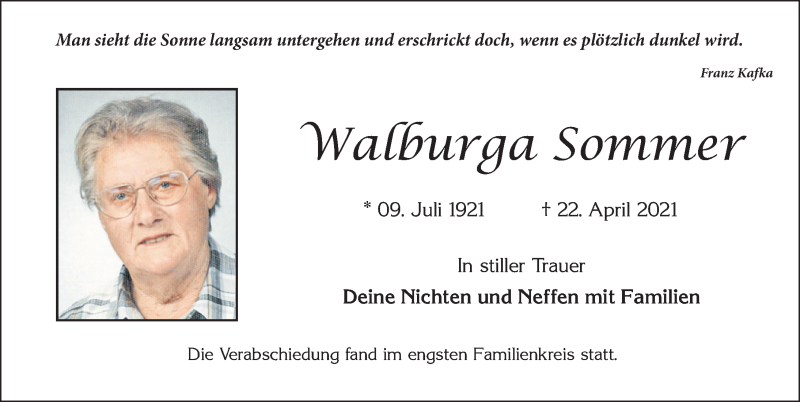 Traueranzeige von Walburga Sommer von Allgäuer Zeitung, Marktoberdorf