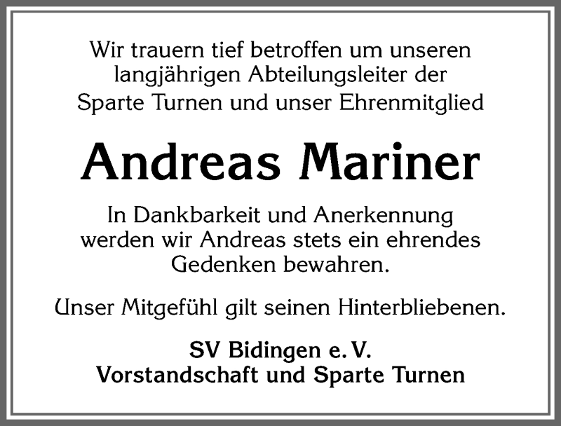 Traueranzeige von Andreas Mariner von Allgäuer Zeitung, Marktoberdorf