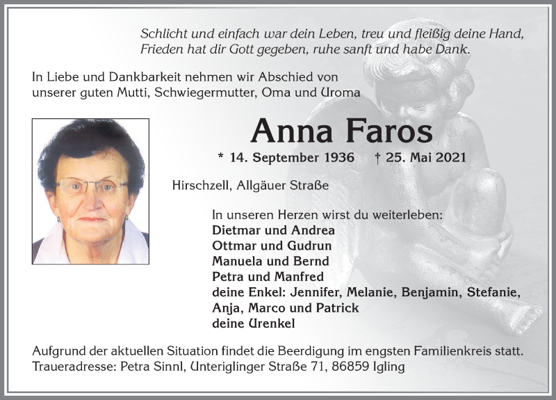 Traueranzeige von Anna Faros von Allgäuer Zeitung, Kaufbeuren/Buchloe