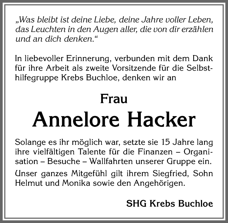 Traueranzeige von Annelore Hacker von Allgäuer Zeitung