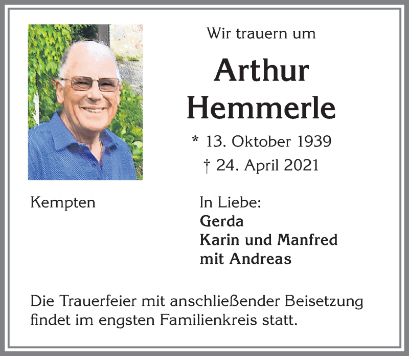 Traueranzeige von Arthur Hemmerle von Allgäuer Zeitung,Kempten