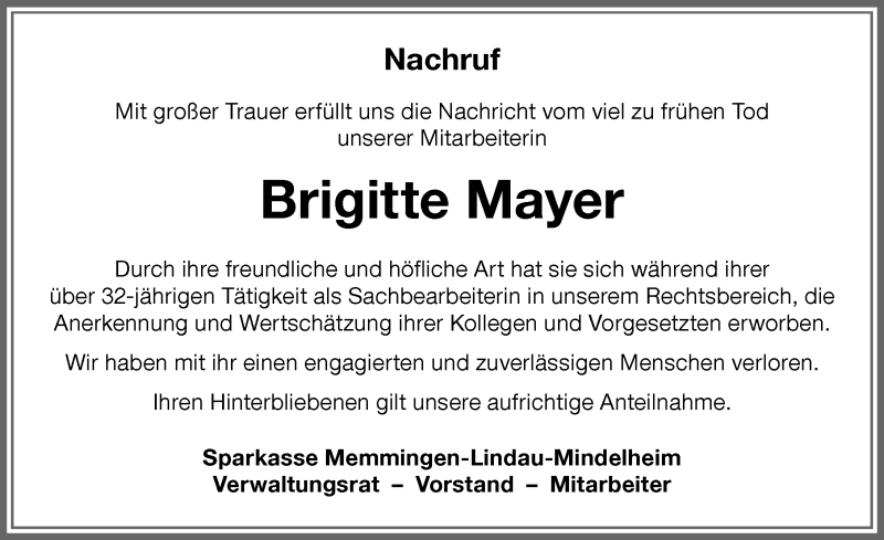 Traueranzeige von Brigitte Mayer von Memminger Zeitung