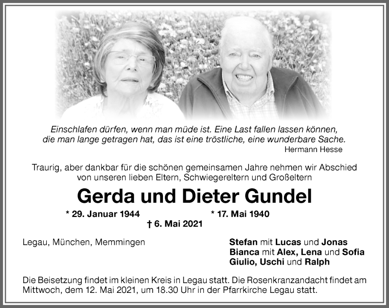 Traueranzeige von Dieter Gundel von Memminger Zeitung