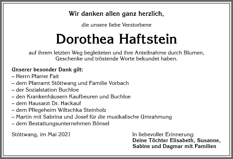 Traueranzeige von Dorothea Haftstein von Allgäuer Zeitung, Kaufbeuren/Buchloe