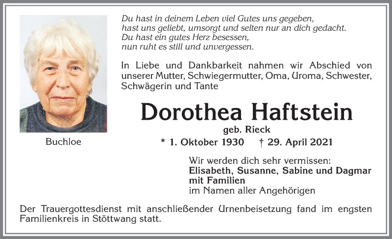 Traueranzeige von Dorothea Haftstein von Allgäuer Zeitung, Kaufbeuren/Buchloe