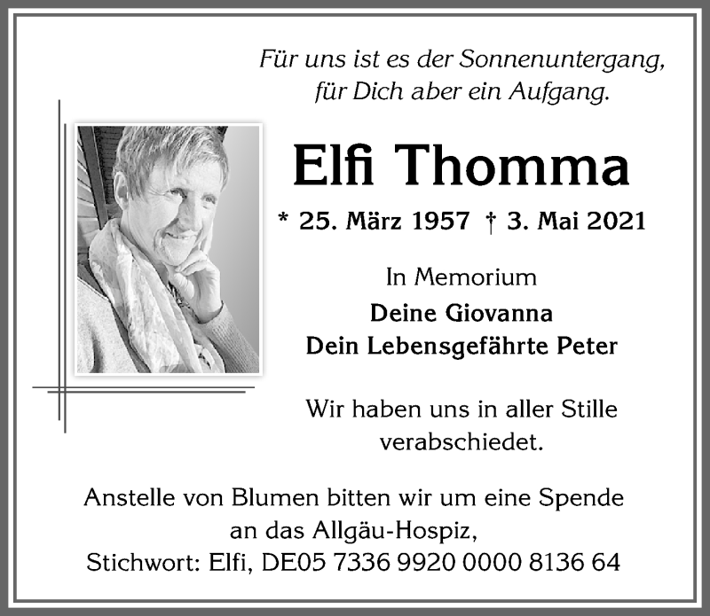 Traueranzeige von Elfi Thomma von Allgäuer Zeitung,Kempten