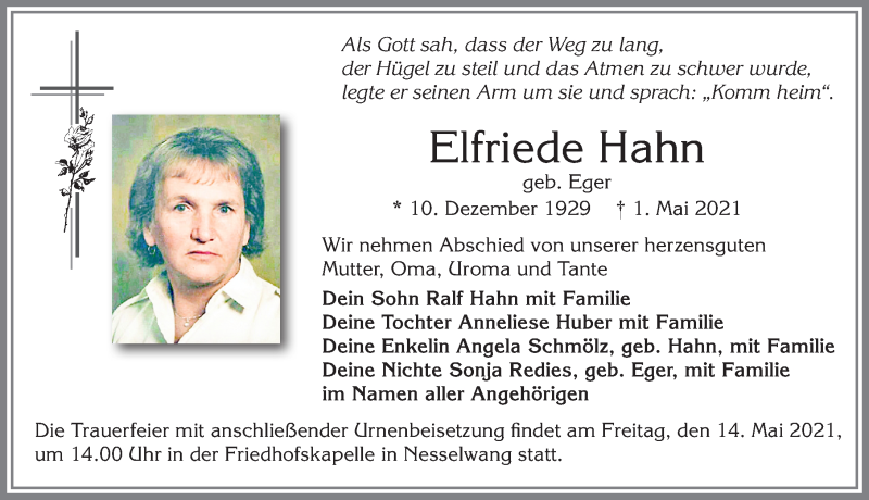 Traueranzeige von Elfriede Hahn von Allgäuer Zeitung, Füssen