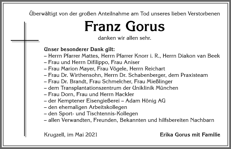 Traueranzeige von Franz Gorus von Allgäuer Zeitung,Kempten