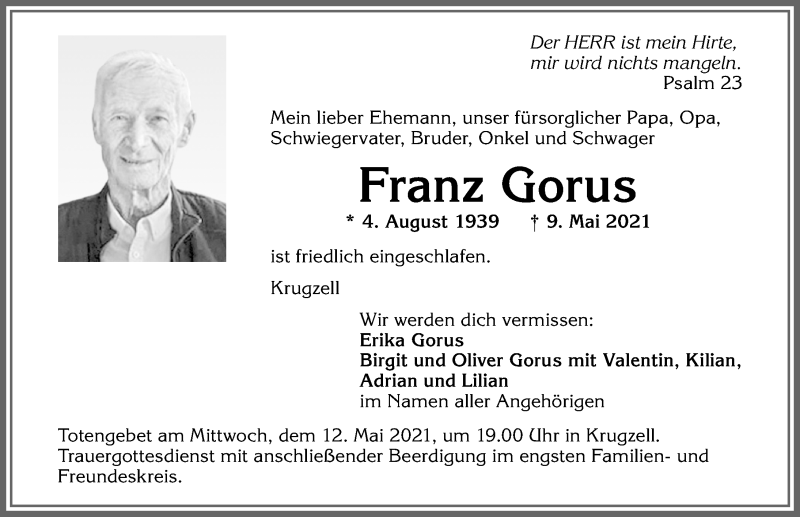 Traueranzeige von Franz Gorus von Allgäuer Zeitung,Kempten