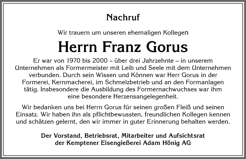 Traueranzeige von Franz Gorus von Allgäuer Zeitung,Kempten