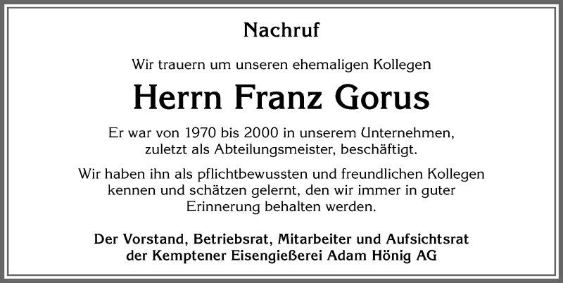 Traueranzeige von Franz Gorus von Allgäuer Zeitung,Kempten