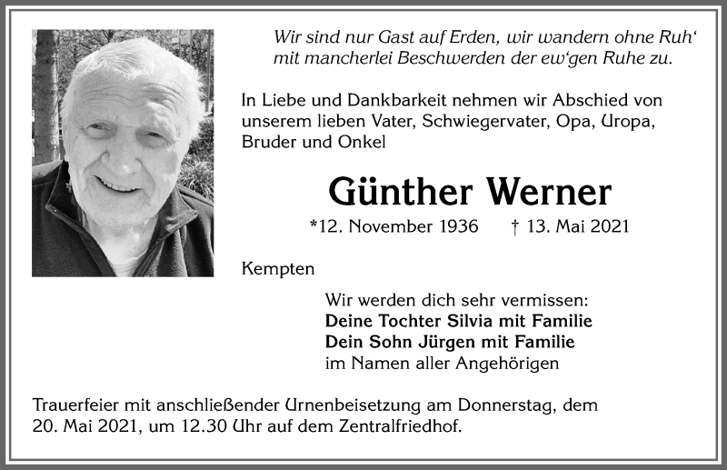 Traueranzeige von Günther Werner von Allgäuer Zeitung,Kempten