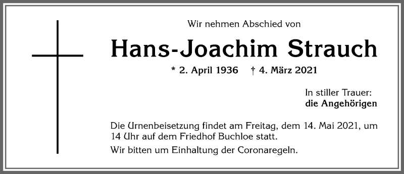 Traueranzeige von Hans-Joachim Strauch von Allgäuer Zeitung, Kaufbeuren/Buchloe