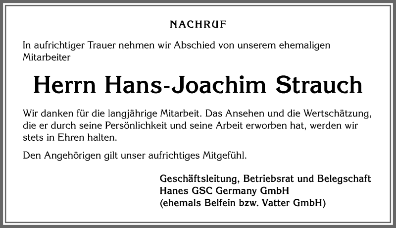 Traueranzeige von Hans-Joachim Strauch von Allgäuer Zeitung, Kaufbeuren/Buchloe