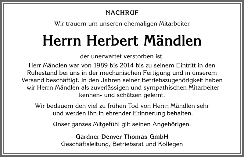Traueranzeige von Herbert Mändlen von Memminger Zeitung