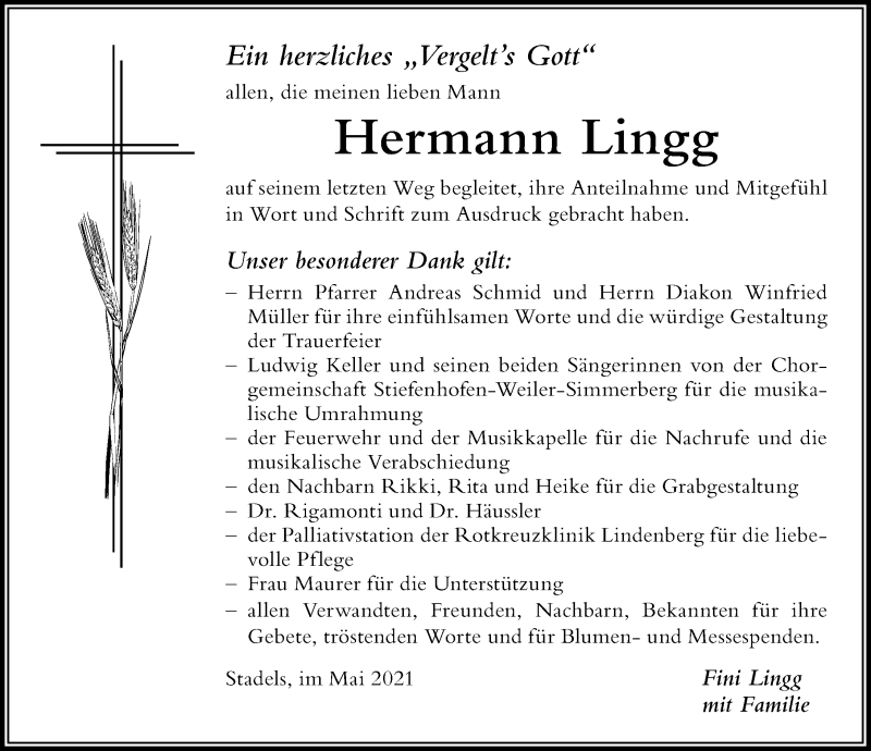 Traueranzeige von Hermann Lingg von Der Westallgäuer