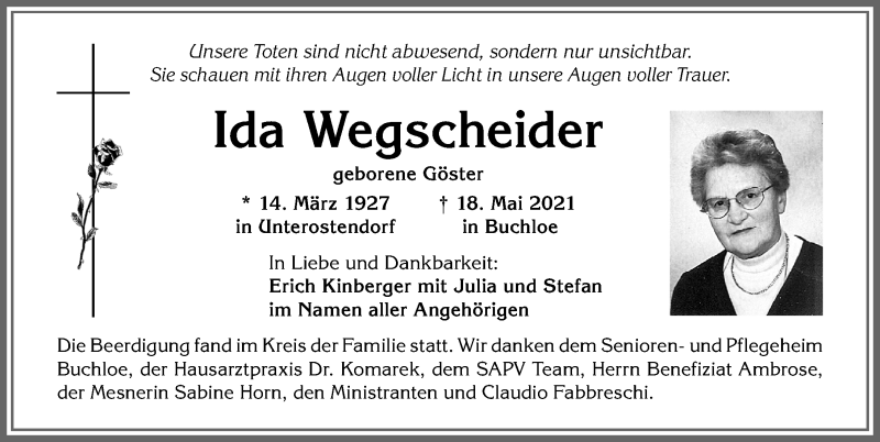 Traueranzeige von Ida Wegscheider von Allgäuer Zeitung, Kaufbeuren/Buchloe