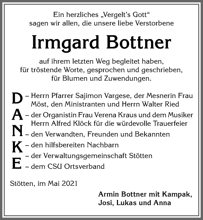 Traueranzeige von Irmgard Bottner von Allgäuer Zeitung, Marktoberdorf
