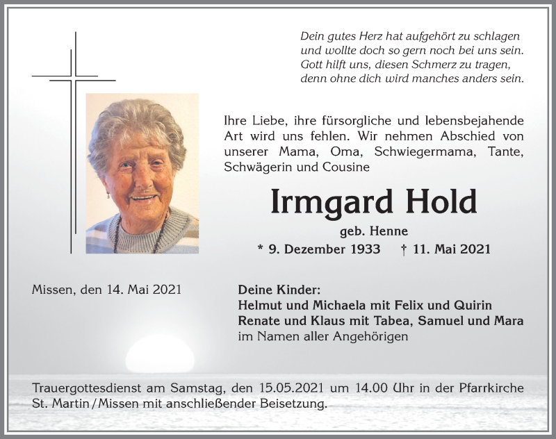 Traueranzeige von Irmgard Hold von Allgäuer Anzeigeblatt