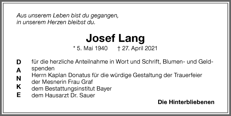 Traueranzeige von Josef Lang von Memminger Zeitung