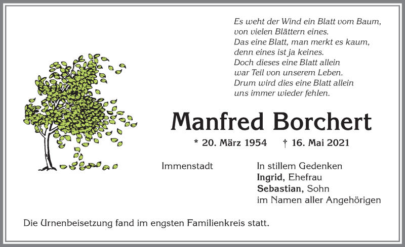 Traueranzeige von Manfred Borchert von Allgäuer Anzeigeblatt