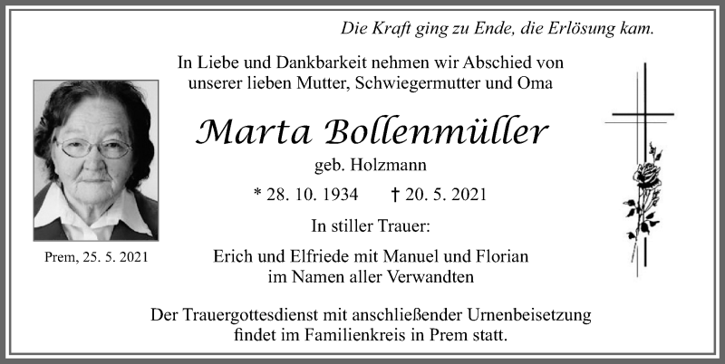 Traueranzeige von Marta Bollenmüller von Allgäuer Zeitung, Füssen
