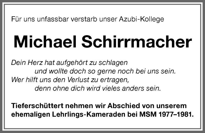 Traueranzeige von Michael Schirrmacher von Memminger Zeitung