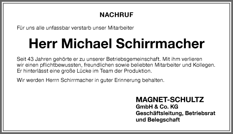 Traueranzeige von Michael Schirrmacher von Memminger Zeitung