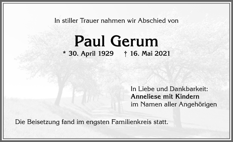 Traueranzeige von Paul Gerum von Allgäuer Zeitung,Kempten