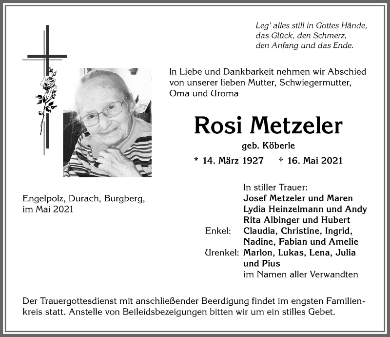 Traueranzeige von Rosi Metzeler von Allgäuer Anzeigeblatt