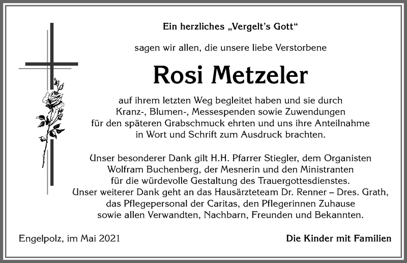 Traueranzeige von Rosi Metzeler von Allgäuer Anzeigeblatt