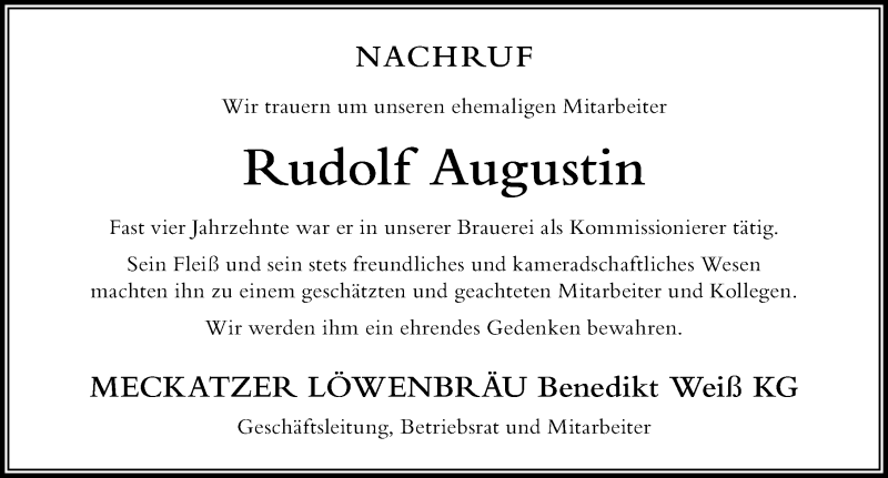 Traueranzeige von Rudolf Augustin von Der Westallgäuer