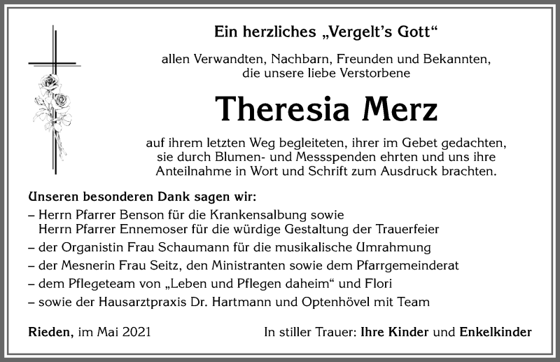 Traueranzeige von Theresia Merz von Allgäuer Zeitung, Kaufbeuren/Buchloe