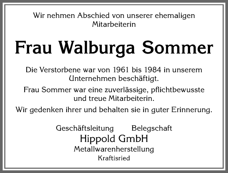 Traueranzeige von Walburga Sommer von Allgäuer Zeitung, Marktoberdorf