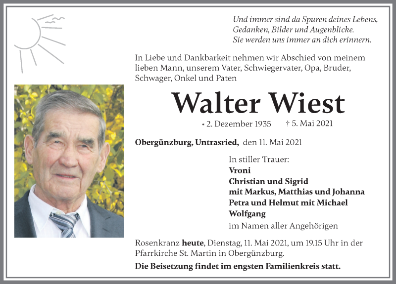 Traueranzeige von Walter Wiest von Allgäuer Zeitung, Marktoberdorf