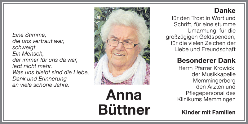 Traueranzeige von Anna Büttner von Memminger Zeitung