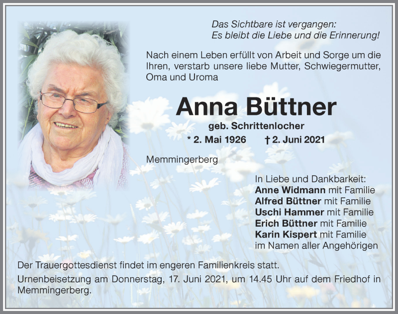 Traueranzeige von Anna Büttner von Memminger Zeitung