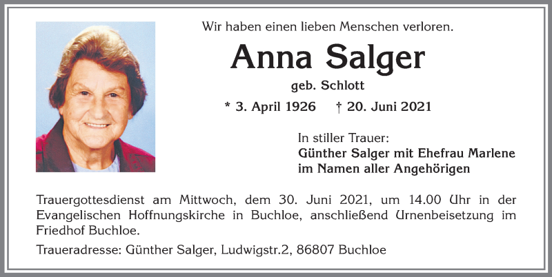 Traueranzeige von Anna Salger von Allgäuer Zeitung, Kaufbeuren/Buchloe