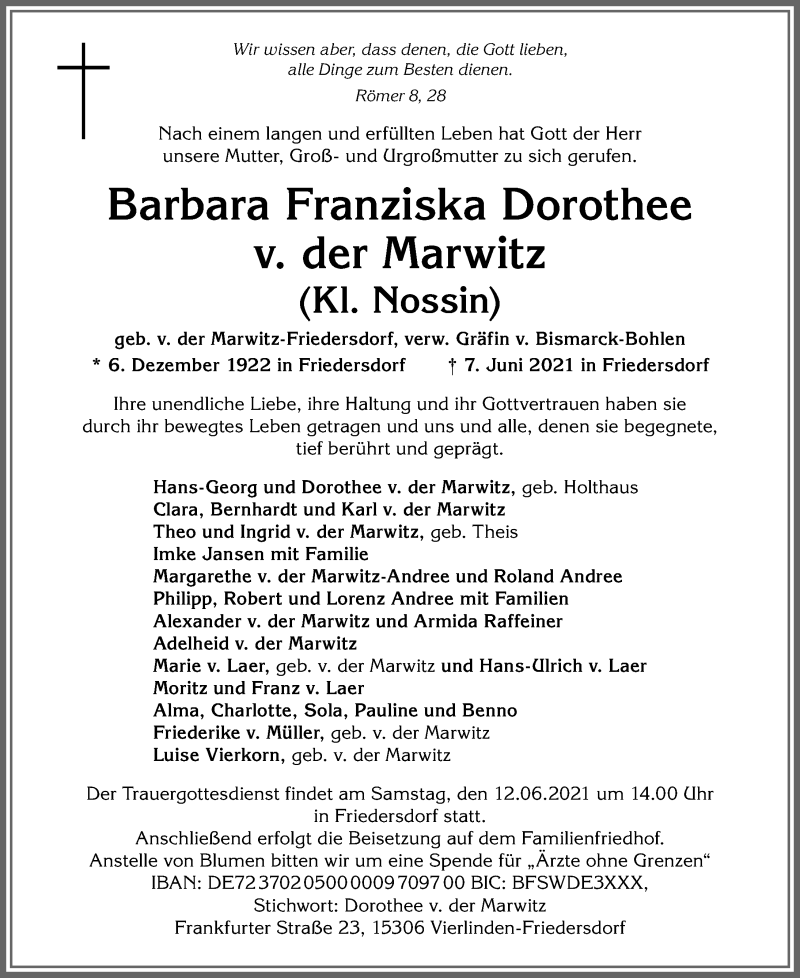 Traueranzeige von Barbara Franziska Dorothee v. der Marwitz von Allgäuer Zeitung