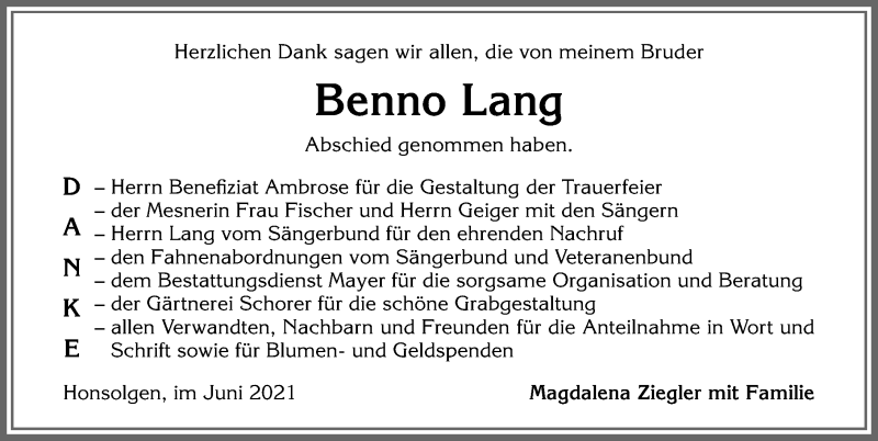 Traueranzeige von Benno Lang von Allgäuer Zeitung, Kaufbeuren/Buchloe