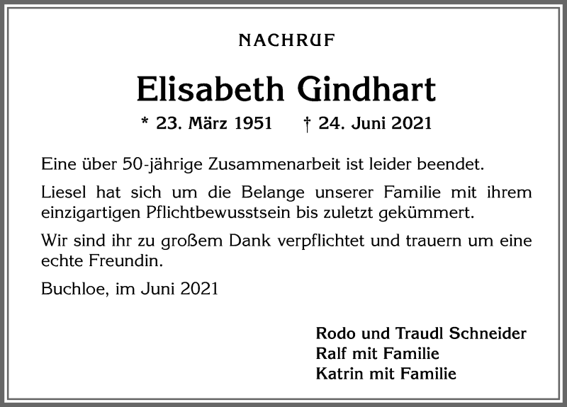 Traueranzeige von Elisabeth Gindhart von Allgäuer Zeitung, Kaufbeuren/Buchloe