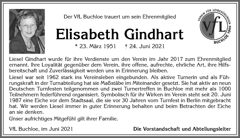 Traueranzeige von Elisabeth Gindhart von Allgäuer Zeitung, Kaufbeuren/Buchloe