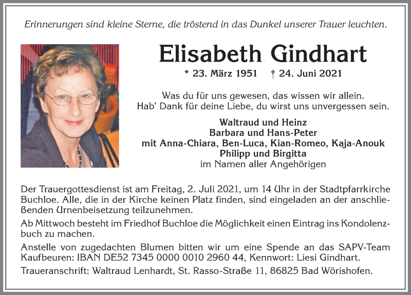 Traueranzeige von Elisabeth Gindhart von Allgäuer Zeitung, Kaufbeuren/Buchloe